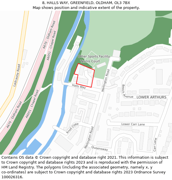 8, HALLS WAY, GREENFIELD, OLDHAM, OL3 7BX: Location map and indicative extent of plot