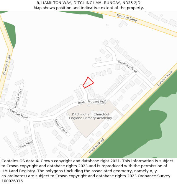 8, HAMILTON WAY, DITCHINGHAM, BUNGAY, NR35 2JD: Location map and indicative extent of plot