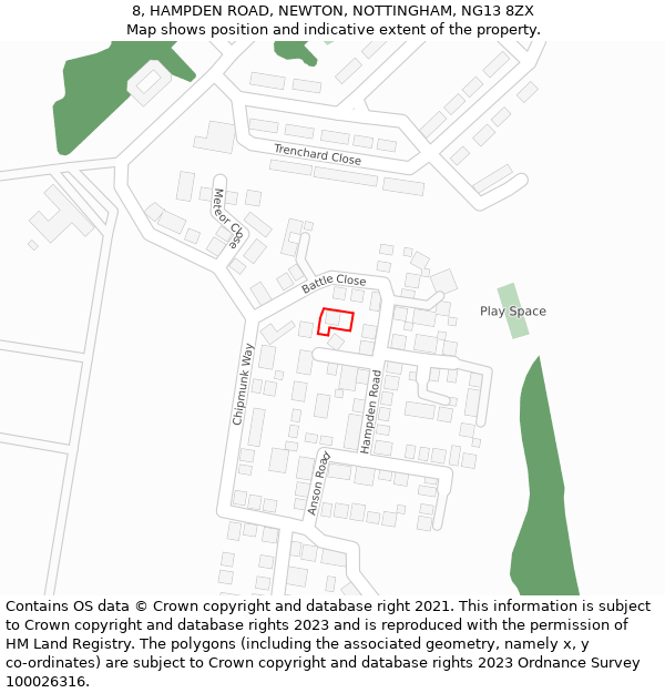 8, HAMPDEN ROAD, NEWTON, NOTTINGHAM, NG13 8ZX: Location map and indicative extent of plot