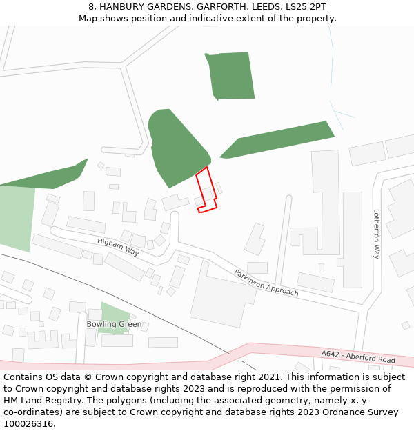 8, HANBURY GARDENS, GARFORTH, LEEDS, LS25 2PT: Location map and indicative extent of plot