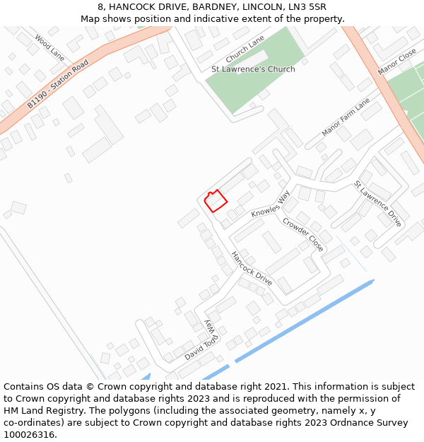 8, HANCOCK DRIVE, BARDNEY, LINCOLN, LN3 5SR: Location map and indicative extent of plot