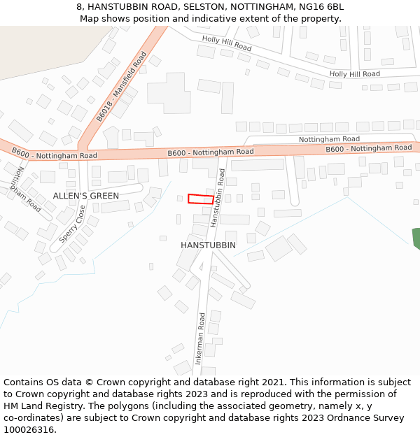 8, HANSTUBBIN ROAD, SELSTON, NOTTINGHAM, NG16 6BL: Location map and indicative extent of plot