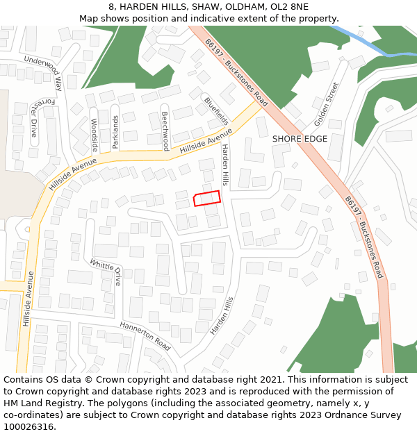 8, HARDEN HILLS, SHAW, OLDHAM, OL2 8NE: Location map and indicative extent of plot