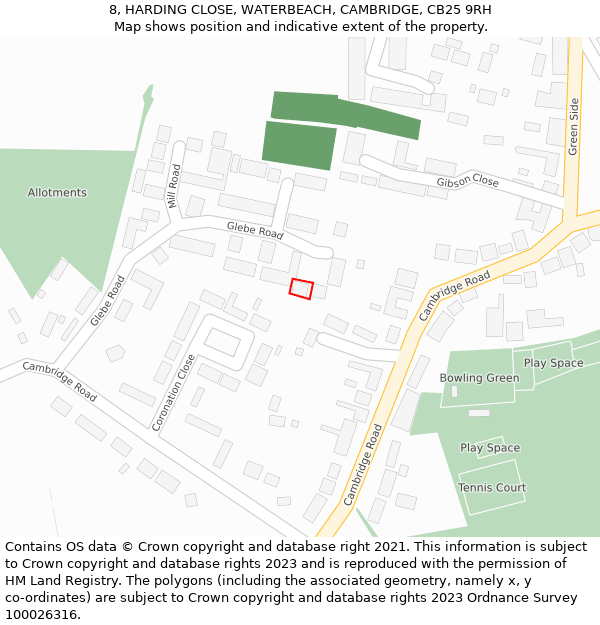 8, HARDING CLOSE, WATERBEACH, CAMBRIDGE, CB25 9RH: Location map and indicative extent of plot