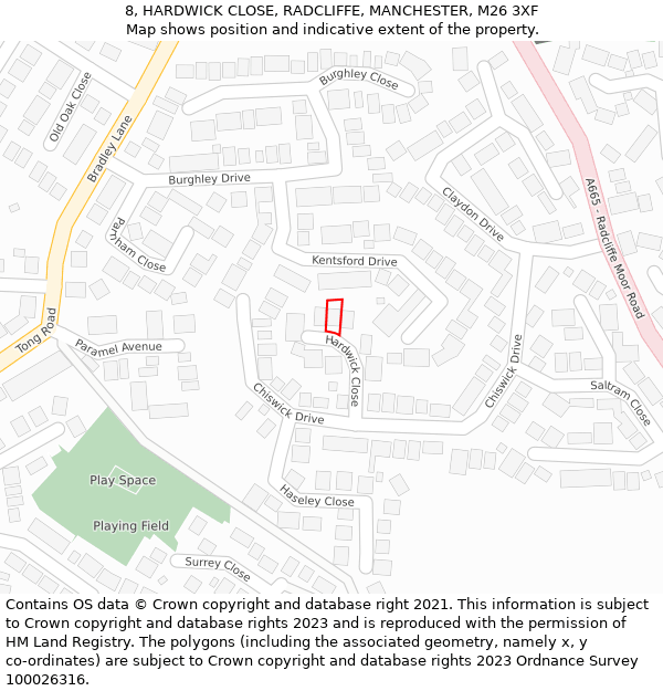 8, HARDWICK CLOSE, RADCLIFFE, MANCHESTER, M26 3XF: Location map and indicative extent of plot