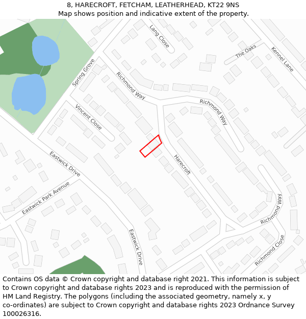 8, HARECROFT, FETCHAM, LEATHERHEAD, KT22 9NS: Location map and indicative extent of plot