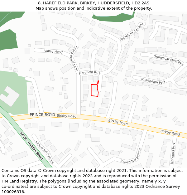 8, HAREFIELD PARK, BIRKBY, HUDDERSFIELD, HD2 2AS: Location map and indicative extent of plot