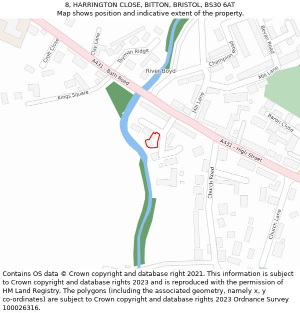 8, HARRINGTON CLOSE, BITTON, BRISTOL, BS30 6AT: Location map and indicative extent of plot