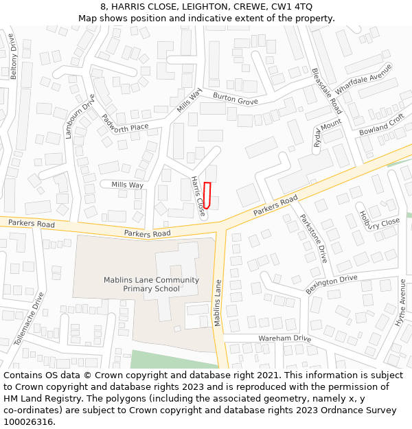 8, HARRIS CLOSE, LEIGHTON, CREWE, CW1 4TQ: Location map and indicative extent of plot