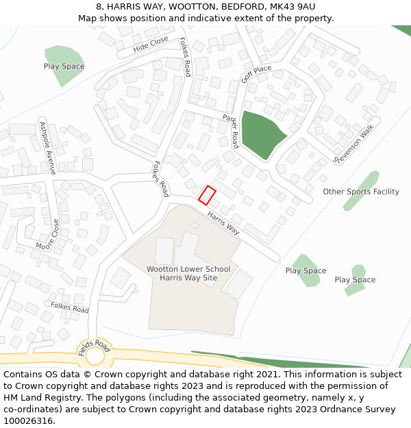 8, HARRIS WAY, WOOTTON, BEDFORD, MK43 9AU: Location map and indicative extent of plot