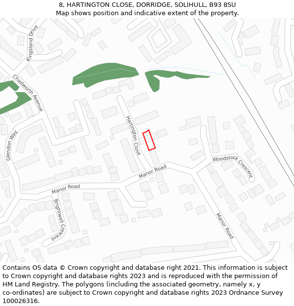 8, HARTINGTON CLOSE, DORRIDGE, SOLIHULL, B93 8SU: Location map and indicative extent of plot