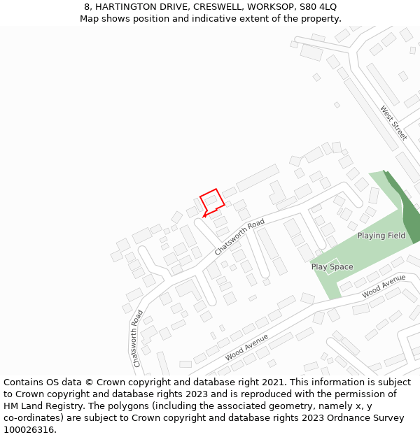 8, HARTINGTON DRIVE, CRESWELL, WORKSOP, S80 4LQ: Location map and indicative extent of plot