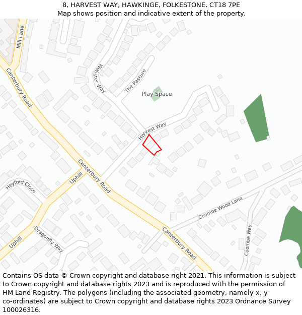 8, HARVEST WAY, HAWKINGE, FOLKESTONE, CT18 7PE: Location map and indicative extent of plot