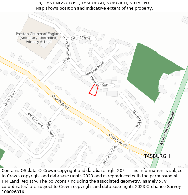 8, HASTINGS CLOSE, TASBURGH, NORWICH, NR15 1NY: Location map and indicative extent of plot