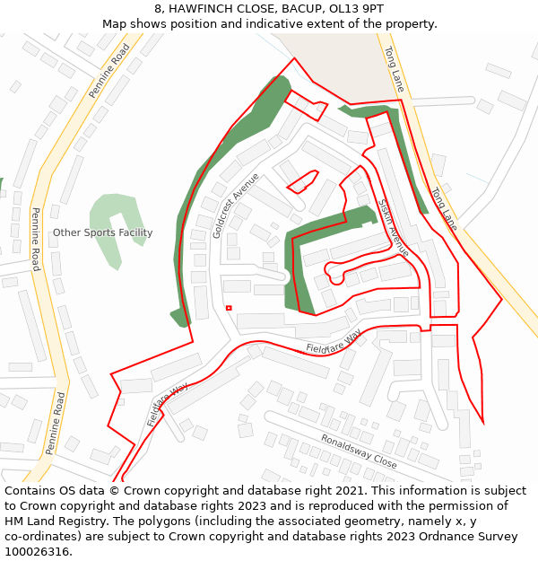 8, HAWFINCH CLOSE, BACUP, OL13 9PT: Location map and indicative extent of plot