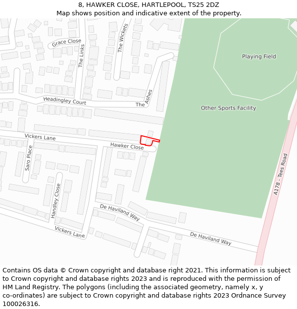 8, HAWKER CLOSE, HARTLEPOOL, TS25 2DZ: Location map and indicative extent of plot