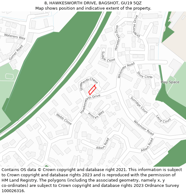 8, HAWKESWORTH DRIVE, BAGSHOT, GU19 5QZ: Location map and indicative extent of plot