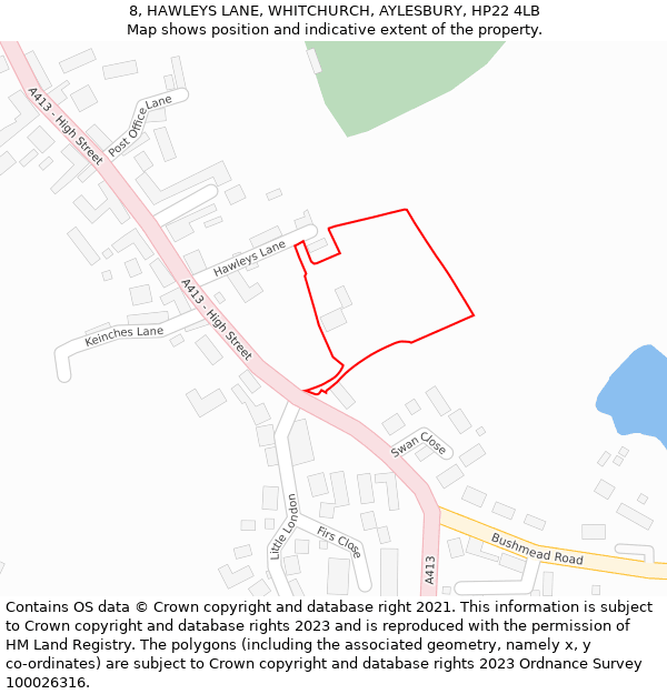 8, HAWLEYS LANE, WHITCHURCH, AYLESBURY, HP22 4LB: Location map and indicative extent of plot