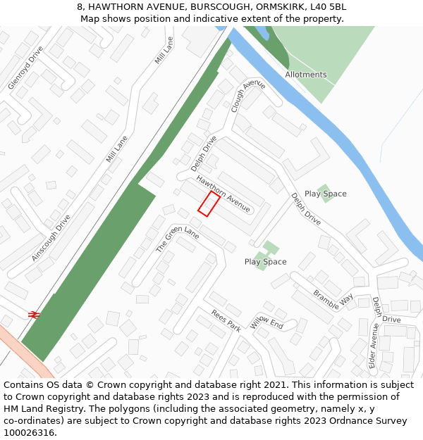 8, HAWTHORN AVENUE, BURSCOUGH, ORMSKIRK, L40 5BL: Location map and indicative extent of plot
