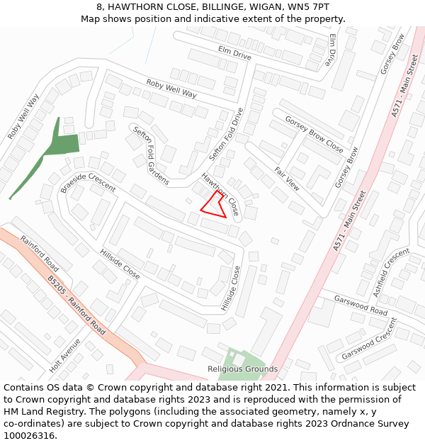 8, HAWTHORN CLOSE, BILLINGE, WIGAN, WN5 7PT: Location map and indicative extent of plot