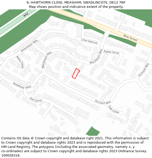 8, HAWTHORN CLOSE, MEASHAM, SWADLINCOTE, DE12 7NF: Location map and indicative extent of plot