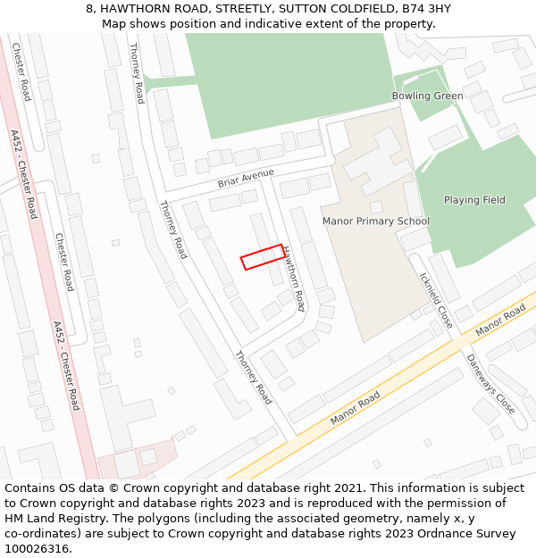 8, HAWTHORN ROAD, STREETLY, SUTTON COLDFIELD, B74 3HY: Location map and indicative extent of plot