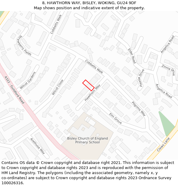 8, HAWTHORN WAY, BISLEY, WOKING, GU24 9DF: Location map and indicative extent of plot