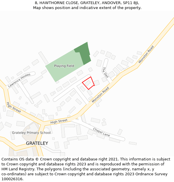 8, HAWTHORNE CLOSE, GRATELEY, ANDOVER, SP11 8JL: Location map and indicative extent of plot