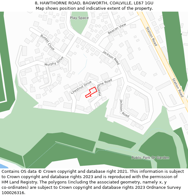 8, HAWTHORNE ROAD, BAGWORTH, COALVILLE, LE67 1GU: Location map and indicative extent of plot