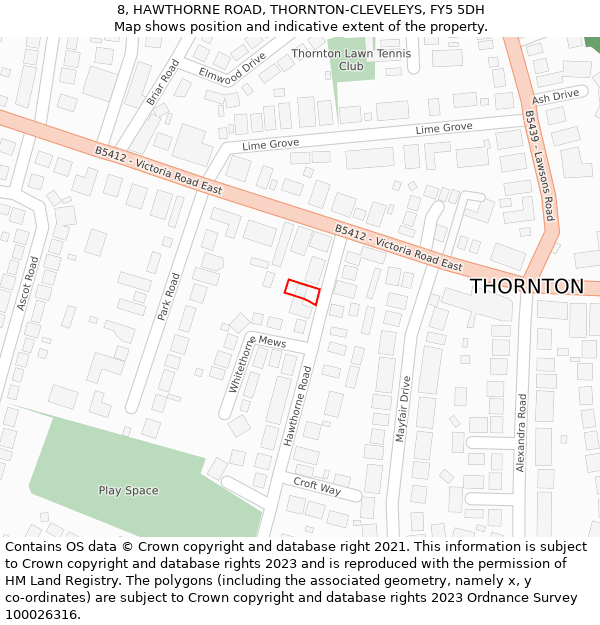 8, HAWTHORNE ROAD, THORNTON-CLEVELEYS, FY5 5DH: Location map and indicative extent of plot