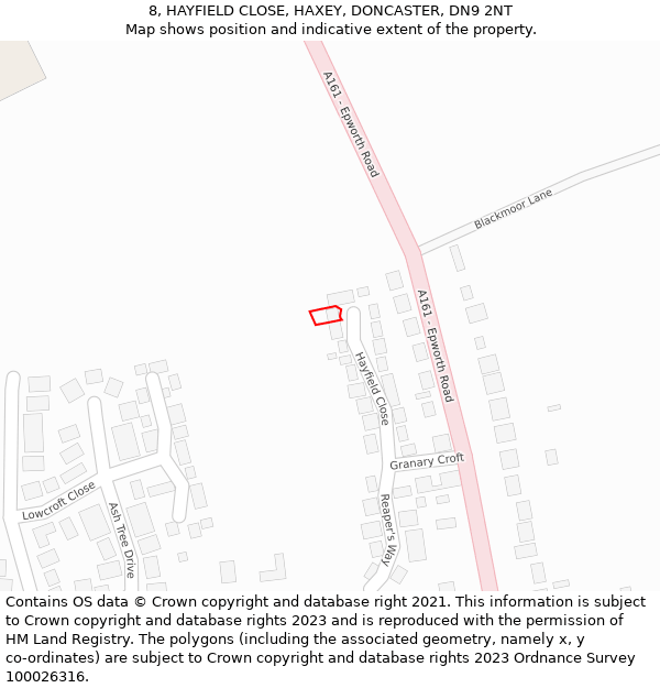 8, HAYFIELD CLOSE, HAXEY, DONCASTER, DN9 2NT: Location map and indicative extent of plot