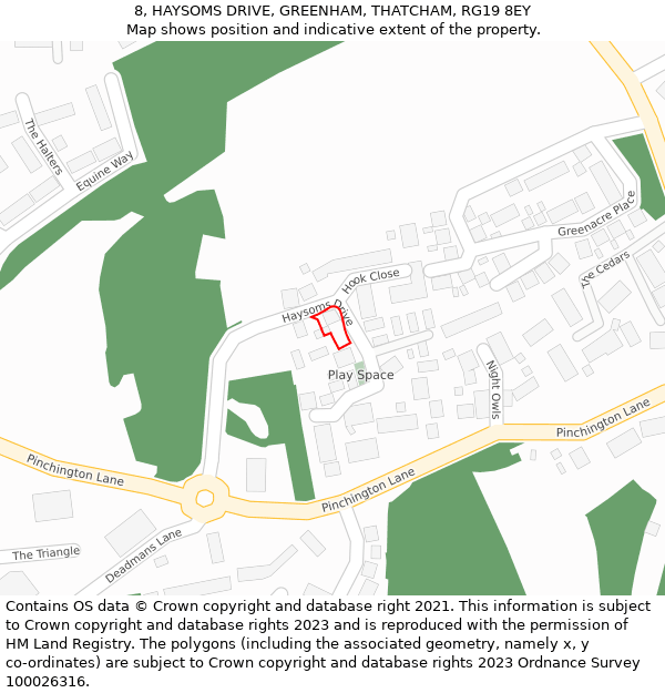 8, HAYSOMS DRIVE, GREENHAM, THATCHAM, RG19 8EY: Location map and indicative extent of plot