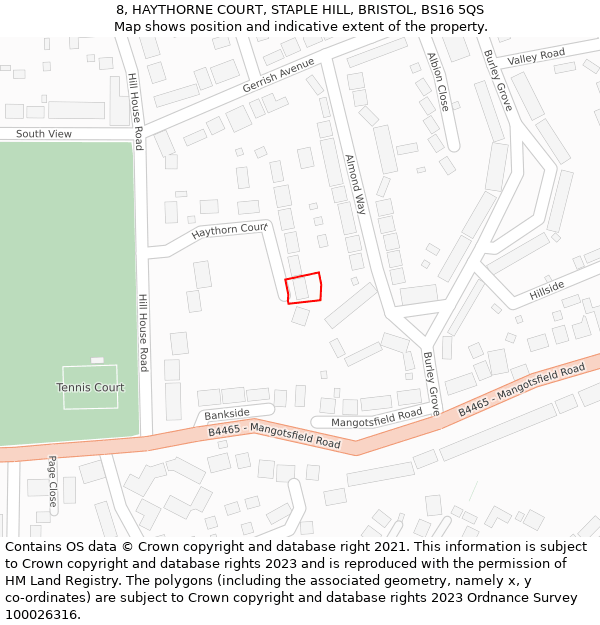 8, HAYTHORNE COURT, STAPLE HILL, BRISTOL, BS16 5QS: Location map and indicative extent of plot