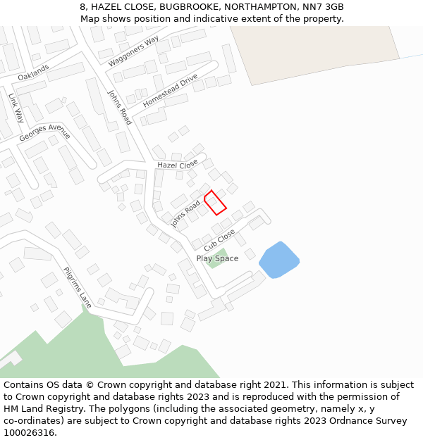 8, HAZEL CLOSE, BUGBROOKE, NORTHAMPTON, NN7 3GB: Location map and indicative extent of plot