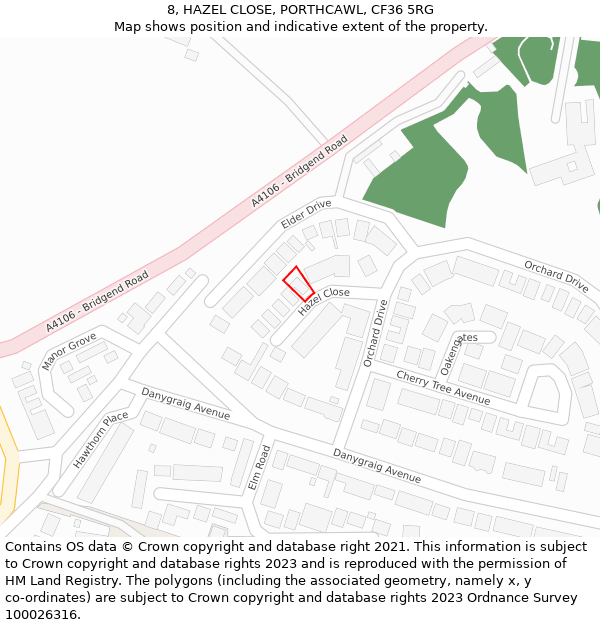 8, HAZEL CLOSE, PORTHCAWL, CF36 5RG: Location map and indicative extent of plot