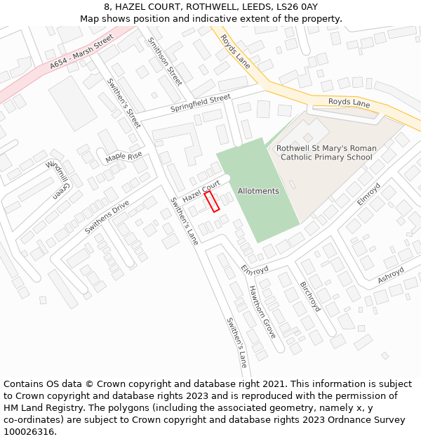 8, HAZEL COURT, ROTHWELL, LEEDS, LS26 0AY: Location map and indicative extent of plot
