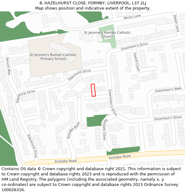 8, HAZELHURST CLOSE, FORMBY, LIVERPOOL, L37 2LJ: Location map and indicative extent of plot