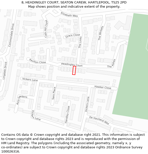 8, HEADINGLEY COURT, SEATON CAREW, HARTLEPOOL, TS25 2PD: Location map and indicative extent of plot