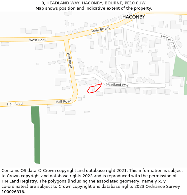 8, HEADLAND WAY, HACONBY, BOURNE, PE10 0UW: Location map and indicative extent of plot