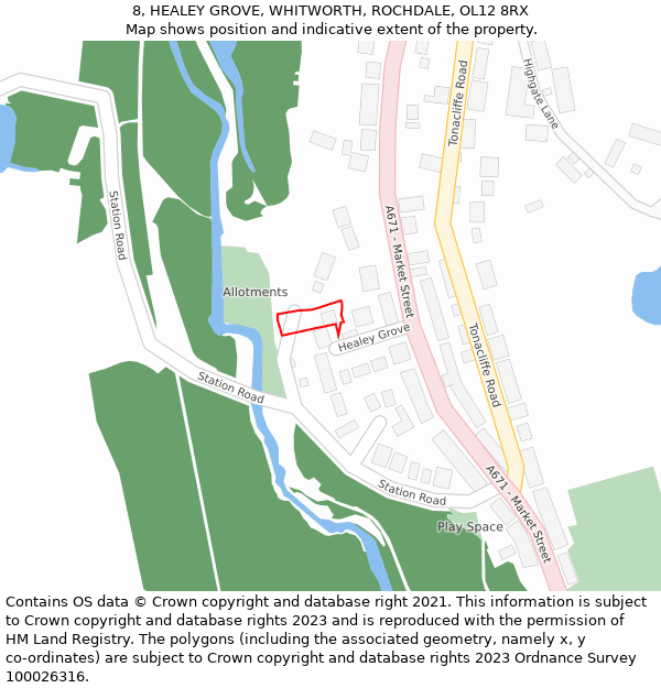 8, HEALEY GROVE, WHITWORTH, ROCHDALE, OL12 8RX: Location map and indicative extent of plot