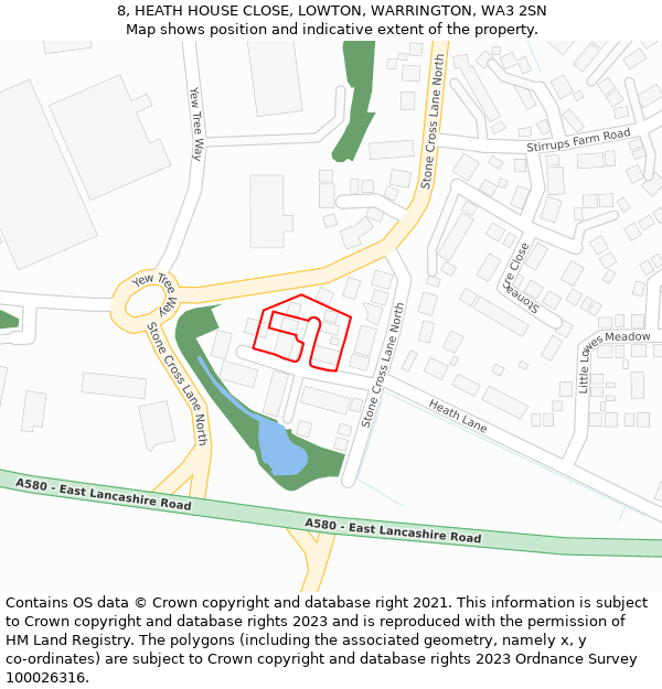 8, HEATH HOUSE CLOSE, LOWTON, WARRINGTON, WA3 2SN: Location map and indicative extent of plot