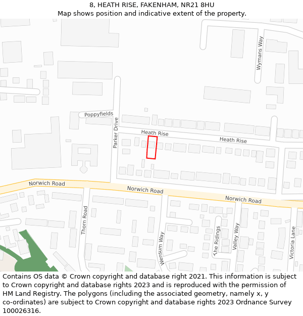 8, HEATH RISE, FAKENHAM, NR21 8HU: Location map and indicative extent of plot