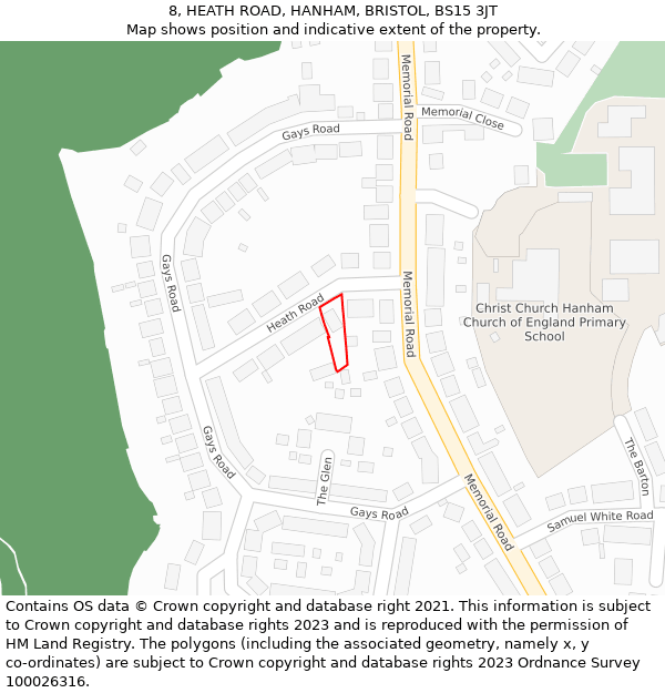 8, HEATH ROAD, HANHAM, BRISTOL, BS15 3JT: Location map and indicative extent of plot