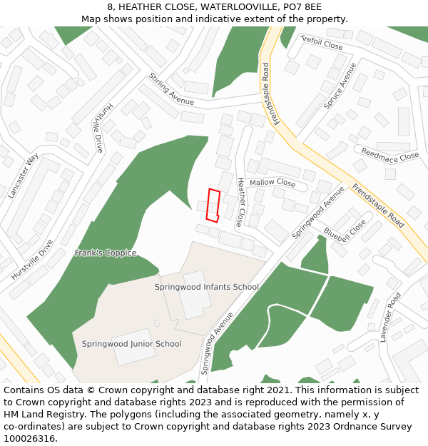 8, HEATHER CLOSE, WATERLOOVILLE, PO7 8EE: Location map and indicative extent of plot