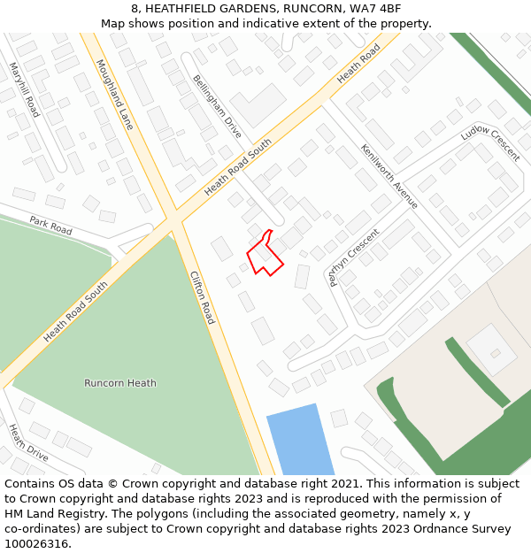 8, HEATHFIELD GARDENS, RUNCORN, WA7 4BF: Location map and indicative extent of plot
