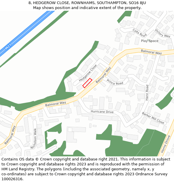 8, HEDGEROW CLOSE, ROWNHAMS, SOUTHAMPTON, SO16 8JU: Location map and indicative extent of plot