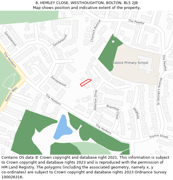 8, HEMLEY CLOSE, WESTHOUGHTON, BOLTON, BL5 2JB: Location map and indicative extent of plot