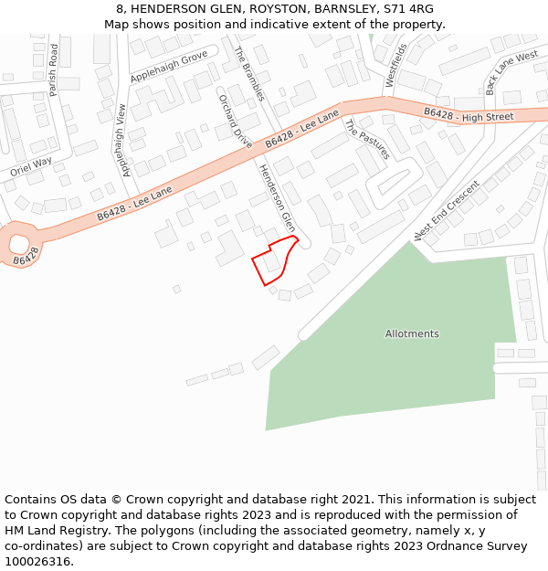 8, HENDERSON GLEN, ROYSTON, BARNSLEY, S71 4RG: Location map and indicative extent of plot