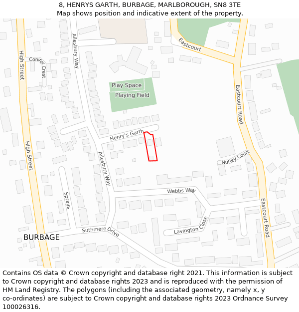 8, HENRYS GARTH, BURBAGE, MARLBOROUGH, SN8 3TE: Location map and indicative extent of plot