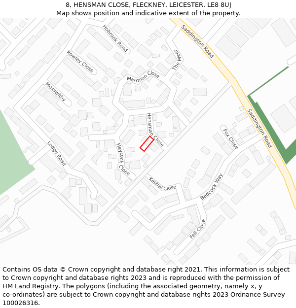 8, HENSMAN CLOSE, FLECKNEY, LEICESTER, LE8 8UJ: Location map and indicative extent of plot